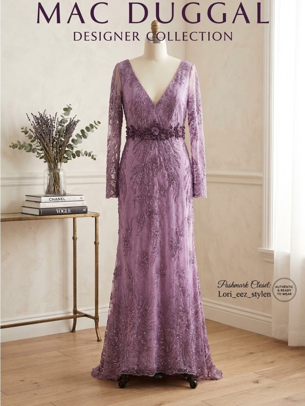 Mac Duggal Lilac Beaded V-Neck Long Sleeve Evening Gown